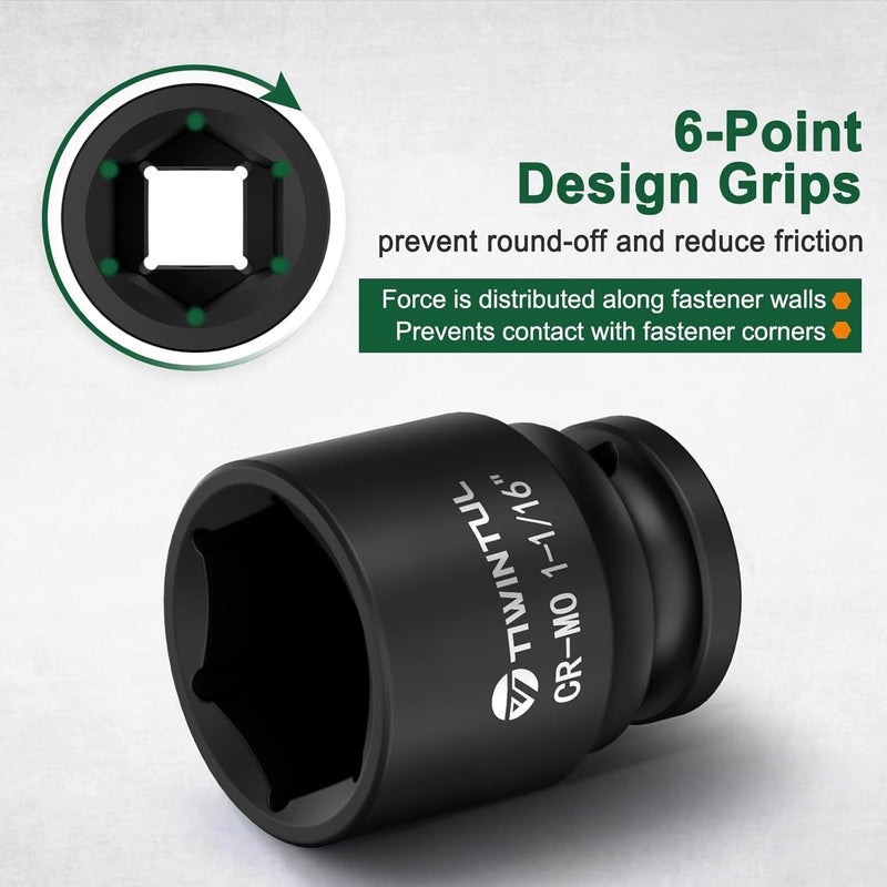 TIWINTUL 1-1/16" Impact Socket 1/2 Inch Drive, Heat-Treated Chromium-Molybdenum Steel Impact Socket, 6 Point Design, ANSI Standards, SAE, Axle Nut Socket for Automotive Truck and Machinery Maintenance - Image 4